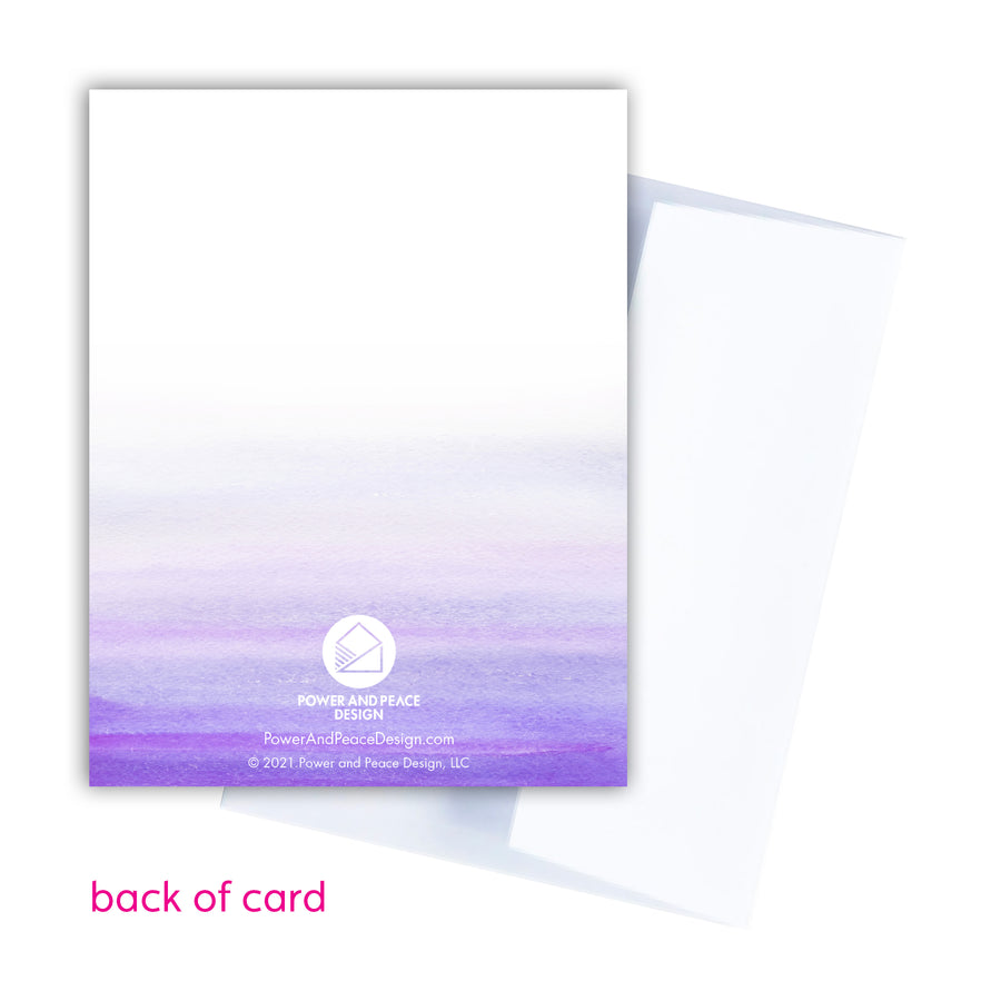 Back of purple Christian greeting card. Power and Peace Design logo centered in white.