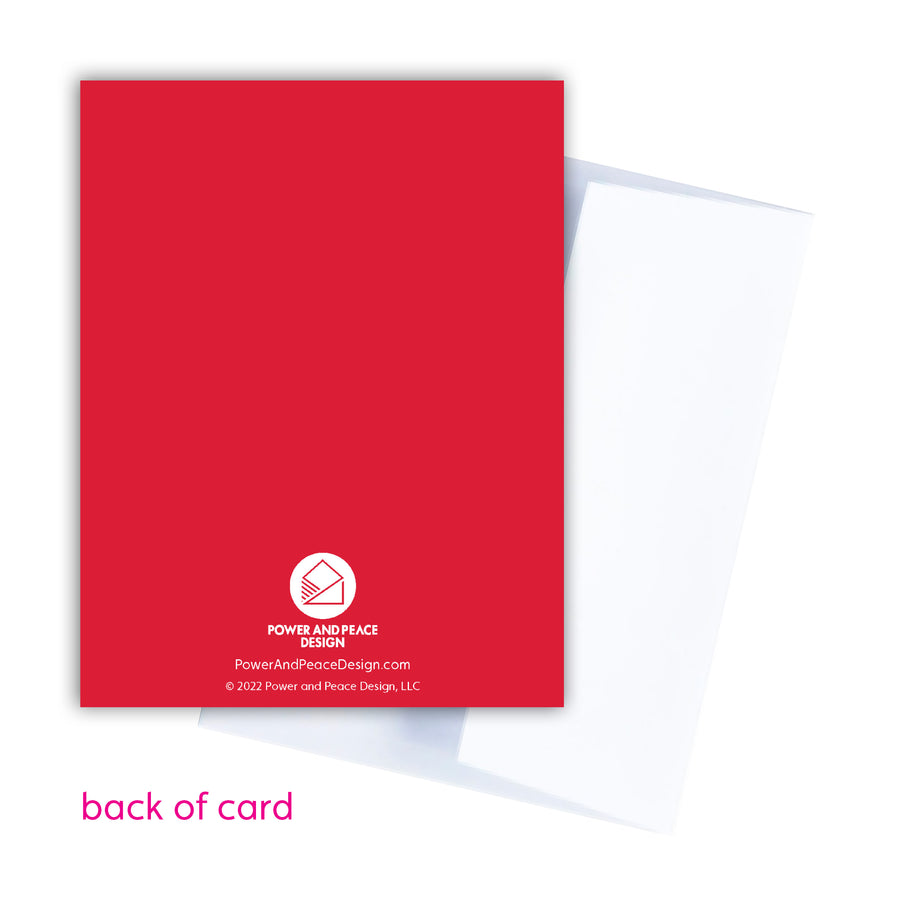 Back of red birthday card with Scripture. Power and Peace Design logo centered in white.